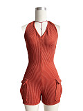 Sexy Backless Halter Sleeveless Pockets Solid Color Women Romper CH-24016