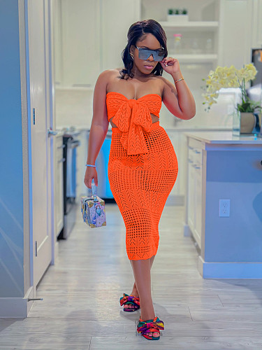 Sexy Strapless Crop Top And Long Skirts Knitted 2 Pieces Sets Orange XT-83013