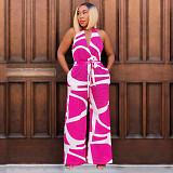 Sexy Backless Halter Women Prints Wide-leg Long Jumpsuit BY-6985
