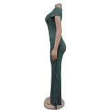 Women Solid Color Short Sleeves Tassel Casual Long Jumpsuits BY-6981