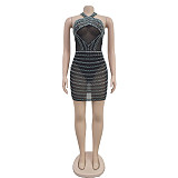 Sexy Backless Halter Mesh Transparent Mini Club Dress BY-6859
