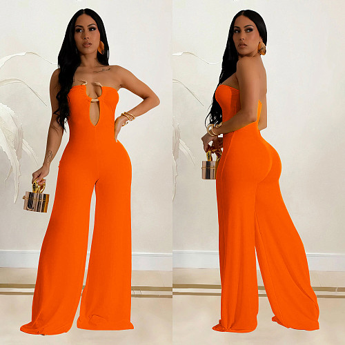 Sexy Strapless Backless Solid Color Wide-leg Long Jumpsuits BY-6941