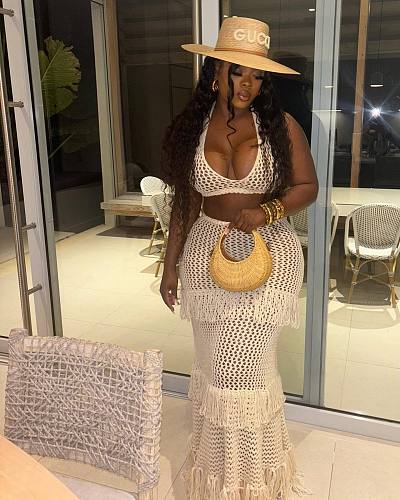 Sexy Solid Color Woolen Halter Crop Top And Tassel Beach Long Skirt JP-1098