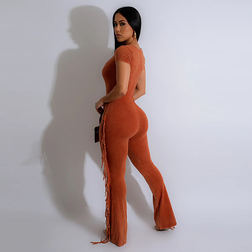 Women Solid Color Short Sleeves Tassel Casual Long Jumpsuits BY-6981