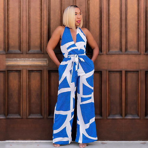Sexy Backless Halter Women Prints Wide-leg Long Jumpsuit BY-6985