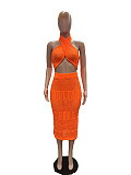 Sexy Strapless Crop Top And Long Skirts Knitted 2 Pieces Sets Orange XT-83013