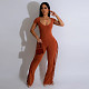 Women Solid Color Short Sleeves Tassel Casual Long Jumpsuits BY-6981