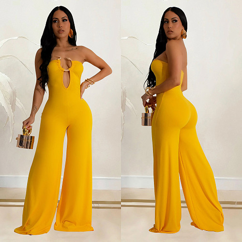 Sexy Strapless Backless Solid Color Wide-leg Long Jumpsuits BY-6941