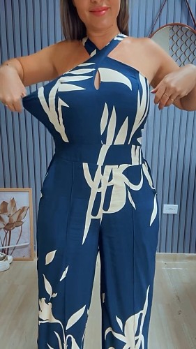 Sexy Halter Sleeveless Women Print Wide-leg Long Jumpsuit NY-10811