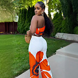 Women Printed Single Shoulder Crop Top With Wide-leg Long Pants 2 Pieces Sets NY-10831