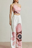 Women Printed Single Shoulder Crop Top With Wide-leg Long Pants 2 Pieces Sets NY-10831