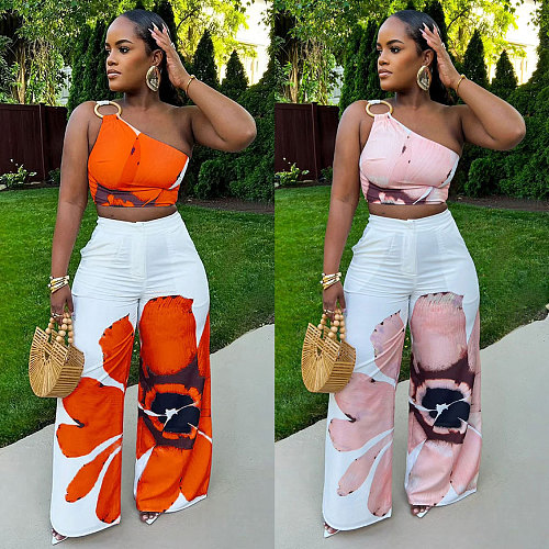 Women Printed Single Shoulder Crop Top With Wide-leg Long Pants 2 Pieces Sets NY-10831