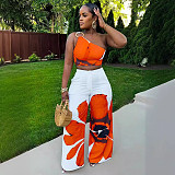 Women Printed Single Shoulder Crop Top With Wide-leg Long Pants 2 Pieces Sets NY-10831