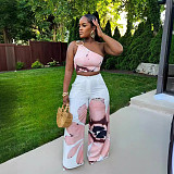 Women Printed Single Shoulder Crop Top With Wide-leg Long Pants 2 Pieces Sets NY-10831