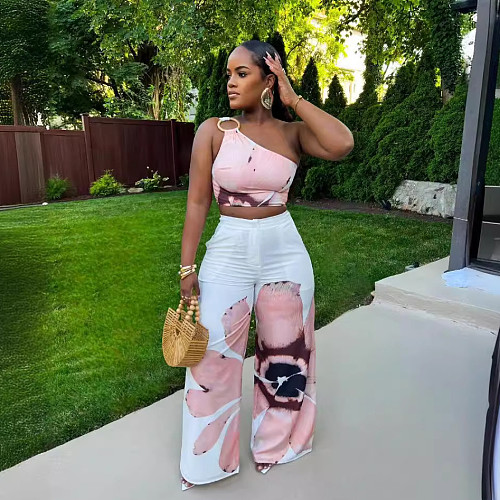 Women Printed Single Shoulder Crop Top With Wide-leg Long Pants 2 Pieces Sets NY-10831