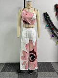 Women Printed Single Shoulder Crop Top With Wide-leg Long Pants 2 Pieces Sets NY-10831