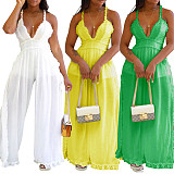 Women Deep-V Straps Solid Color Sexy Backless Long Jumpsuit MK-3207