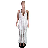 Women Deep-V Straps Solid Color Sexy Backless Long Jumpsuit MK-3207