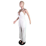 Women Deep-V Straps Solid Color Sexy Backless Long Jumpsuit MK-3207