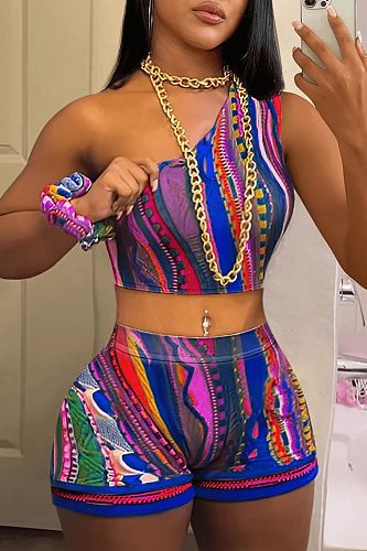 Fashion Printed Women Single Shoulder Shorts Suits 2 Pieces RS-2302
