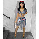 Women's See-Through Print Mesh Lace-Up Short-Sleeved Top Shorts Set XRB-10077