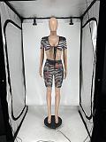 Women's See-Through Print Mesh Lace-Up Short-Sleeved Top Shorts Set XRB-10077