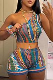 Fashion Printed Women Single Shoulder Shorts Suits 2 Pieces BG-2302