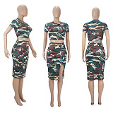 Camo Print Short Sleeve Two Piece Skirt Sets SHD-9604