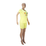 V Neck Short Sleeve T Shirt Biker Shorts Two Piece Set SHD-9426