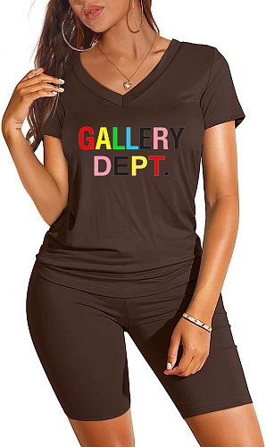 V Neck Short Sleeve T Shirt Biker Shorts Two Piece Set SHD-9426