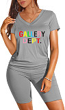 V Neck Short Sleeve T Shirt Biker Shorts Two Piece Set SHD-9426