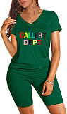 V Neck Short Sleeve T Shirt Biker Shorts Two Piece Set SHD-9426