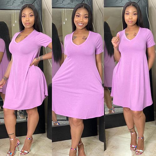 Fashion Loose With Pocket Solid Color V-Neck Short Sleeve Dress TK-6098