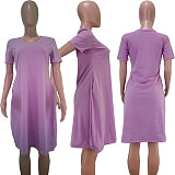 Fashion Loose With Pocket Solid Color V-Neck Short Sleeve Dress TK-6098