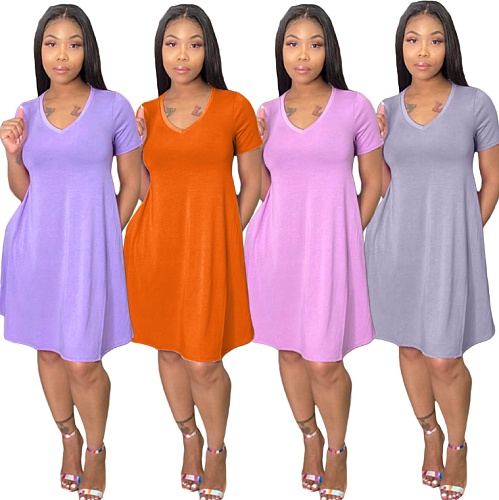 Fashion Loose With Pocket Solid Color V-Neck Short Sleeve Dress TK-6098