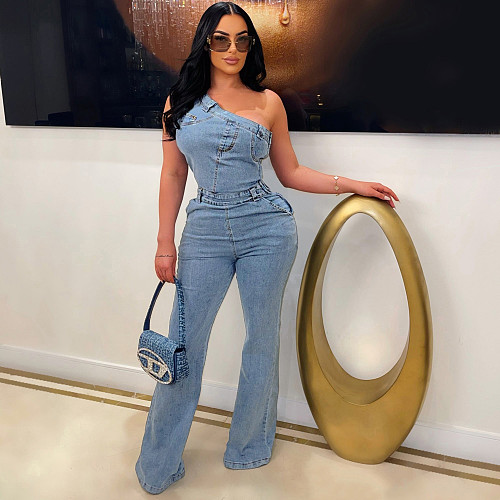 Women's Sexy Oblique Shoulder Slim Flared Denim Jumpsuits LX-6976