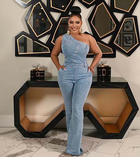 Women's Sexy Oblique Shoulder Slim Flared Denim Jumpsuits LX-6976