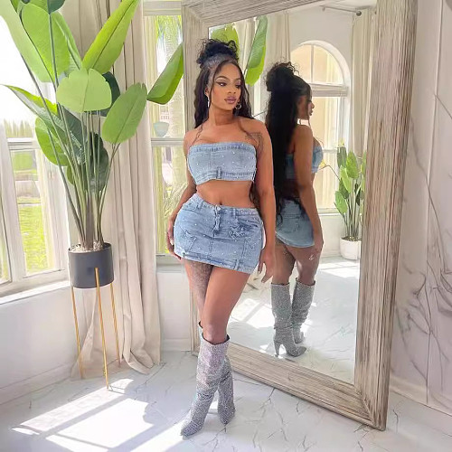 Sexy Strapless Crop Top And Bubble Bead Package Hips Short Skirt 2 Pieces Sets TK-6317