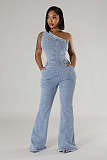 Women's Sexy Oblique Shoulder Slim Flared Denim Jumpsuits LX-6976