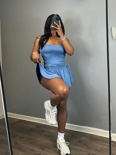 Casual Girls Straps Tops And Pleated Short Skirt Solid Color 2 Pieces Sets CH-24033
