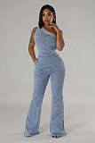 Women's Sexy Oblique Shoulder Slim Flared Denim Jumpsuits LX-6976
