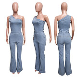 Women's Sexy Oblique Shoulder Slim Flared Denim Jumpsuits LX-6976