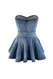 Sexy Strapless Slim Flouced Denim Short Dress MEM-88576