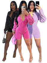 Women Sexy Deep-V Turndown Collar Long Sleeves Bodycon Rompers CH-24031