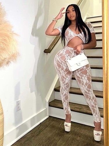 2024 Hot Sexy Lace Hollow Out Midriff-baring Long Jumpsuit CH-24012