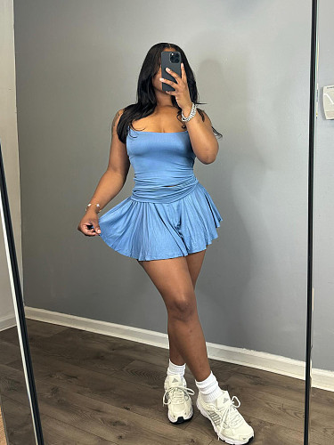 Casual Girls Straps Tops And Pleated Short Skirt Solid Color 2 Pieces Sets CH-24033