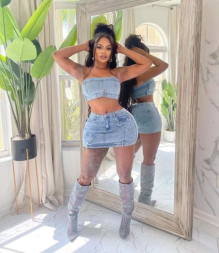 Sexy Strapless Crop Top And Bubble Bead Package Hips Short Skirt 2 Pieces Sets TK-6317