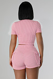 Casual Women Zipper Crop Tops With Shorts Solid Color Two-pieces Sets NIYA-8172