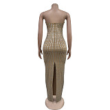 Sexy Strapless Hot Drilling Bodycon Split Maxi Club Dresses BY-6962