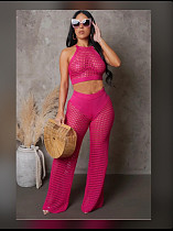 Rose Red Sexy Hollow-out Knitted Women Sleeveless Long Pants 2 Pieces Sets XT-83019